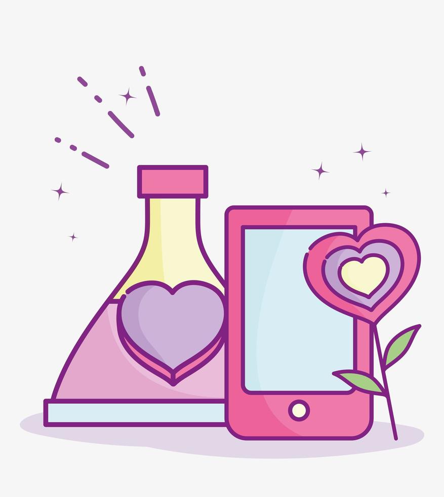 happy valentines day, smartphone love bottle and flower heart vector