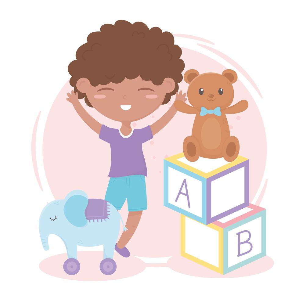 kids zone, little boy alphabet blocks teddy bear and elephant vector