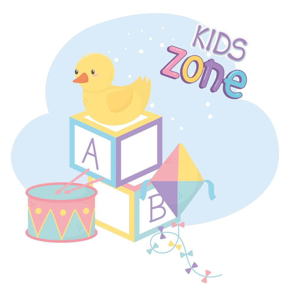 kids zone, alphabet blocks duck kite and drum toys vector