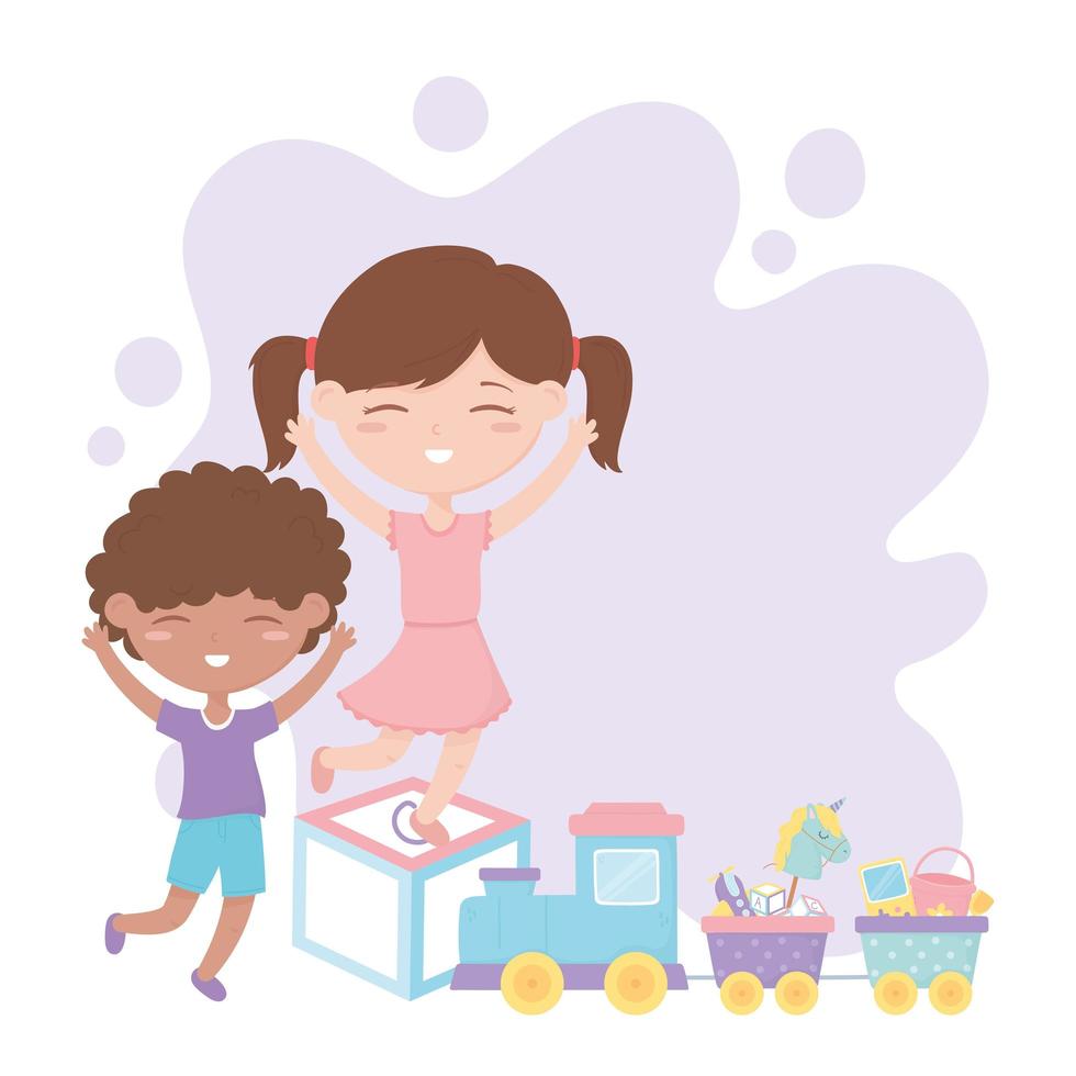 kids zone, cute little boy and girl on block with train toys vector