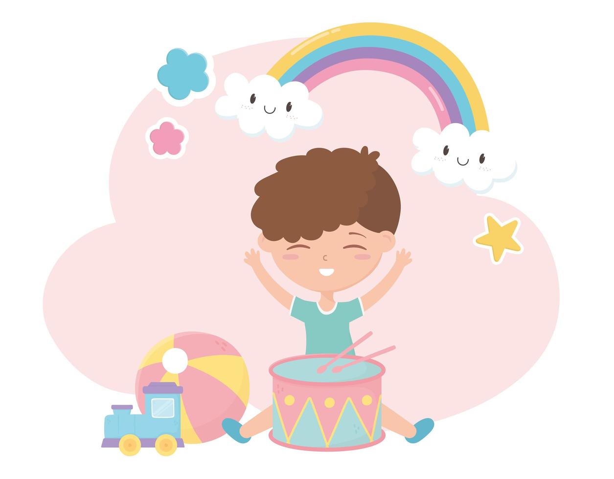 kids zone, cute little boy with drum ball train toys vector