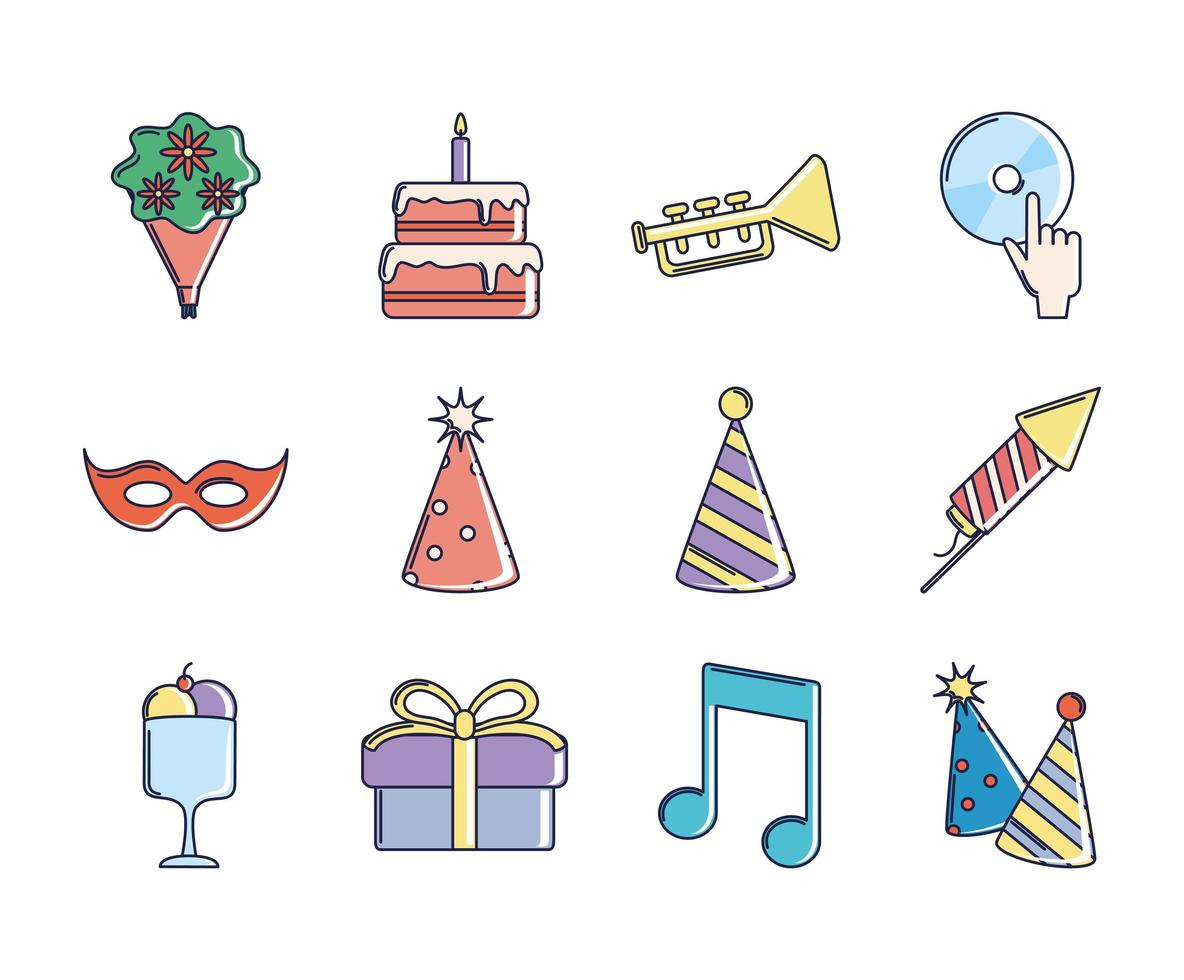 happy birthday, decoration event festive celebration party icon set line and fill style vector