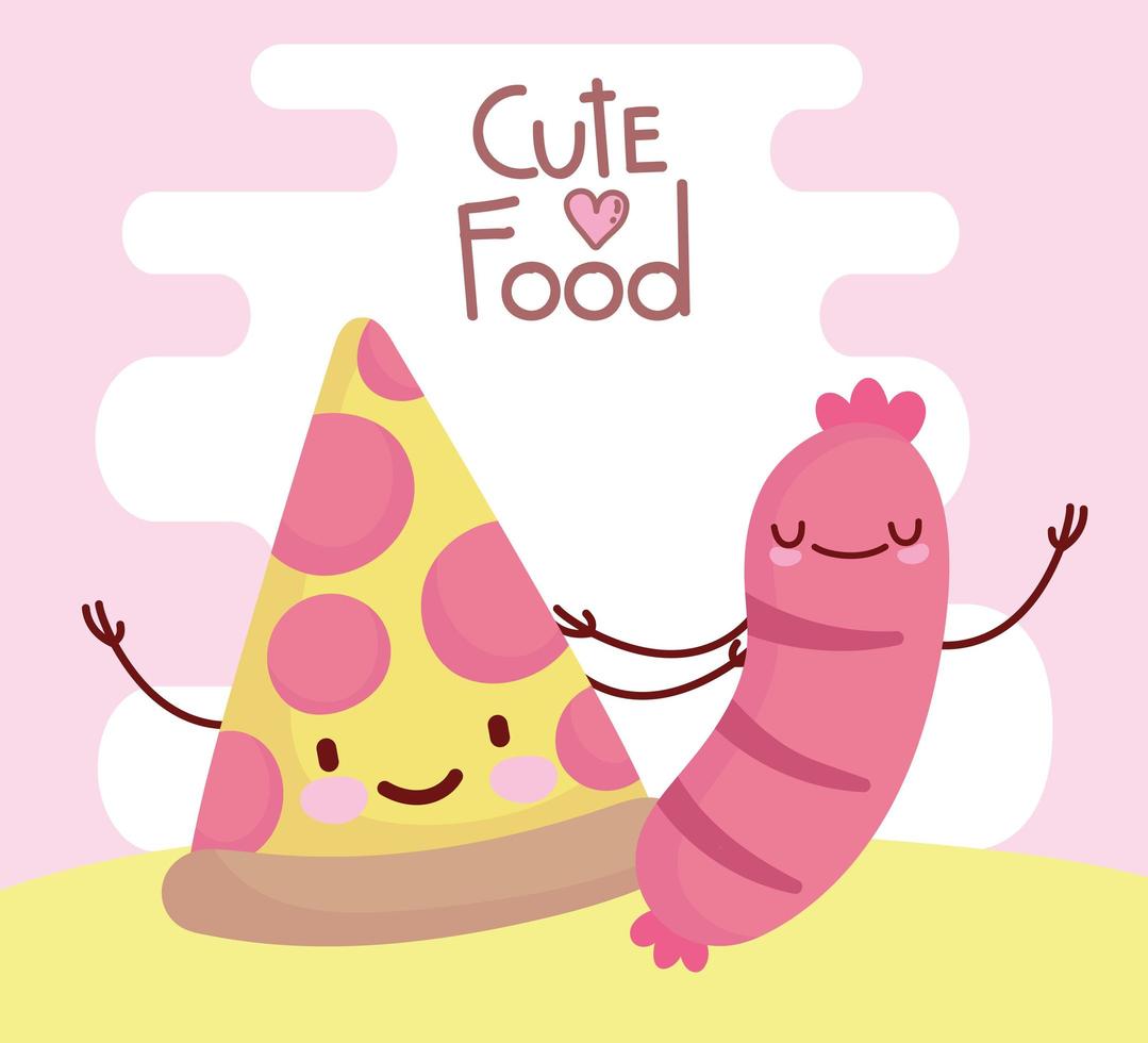 pizza y salchicha personaje de menú comida de dibujos animados lindo vector