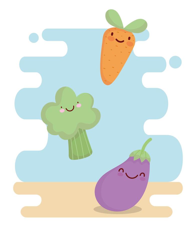 zanahoria berenjena y brócoli menú personaje dibujos animados comida lindo vector