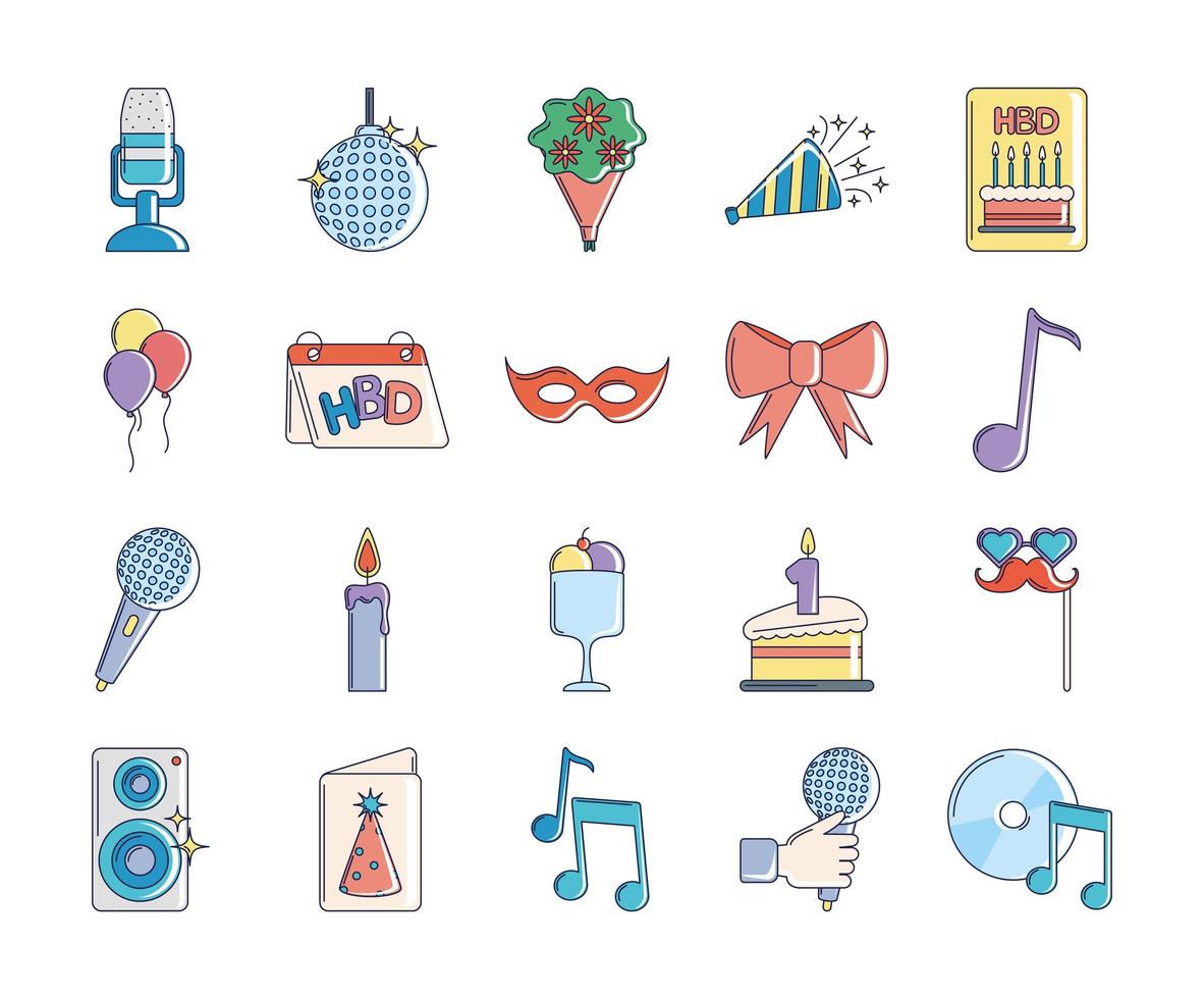 happy birthday, decoration event festive celebration party icon set line and fill style vector