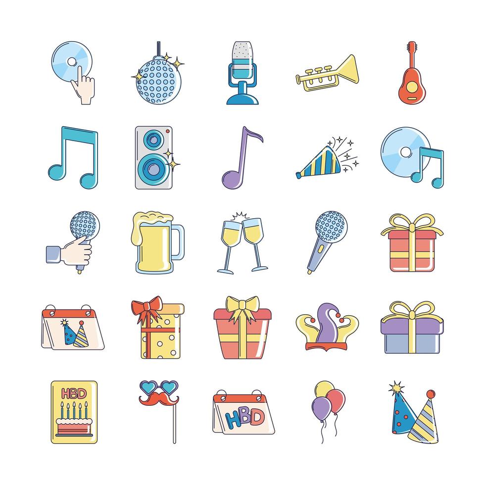 happy birthday, decoration event festive celebration party icon set line and fill style vector