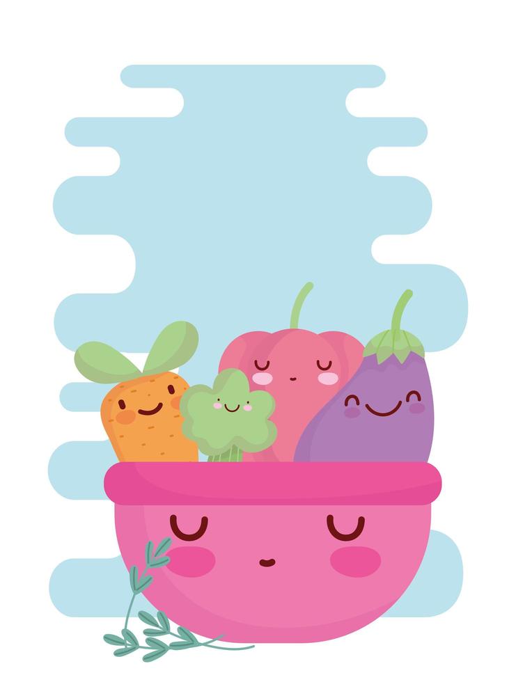 cuenco rosa con verduras menú personaje dibujos animados comida lindo vector