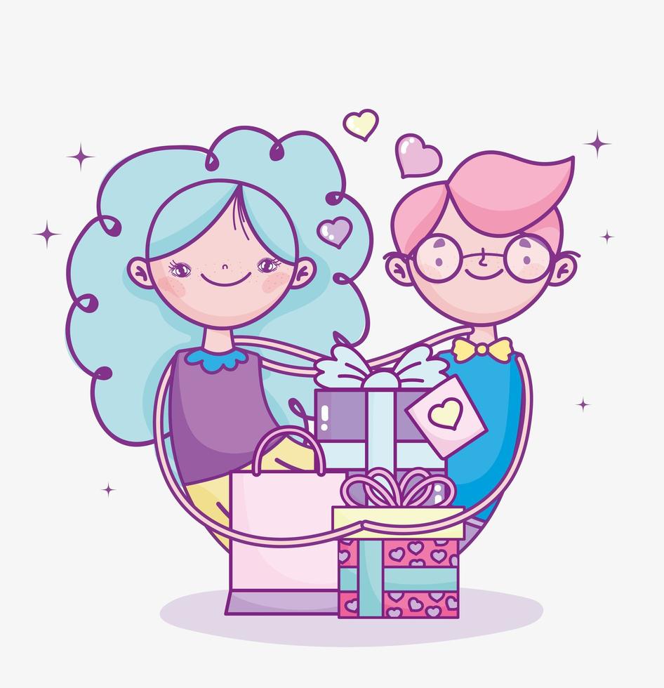 happy valentines day, cute couple with gifts hearts love celebration vector
