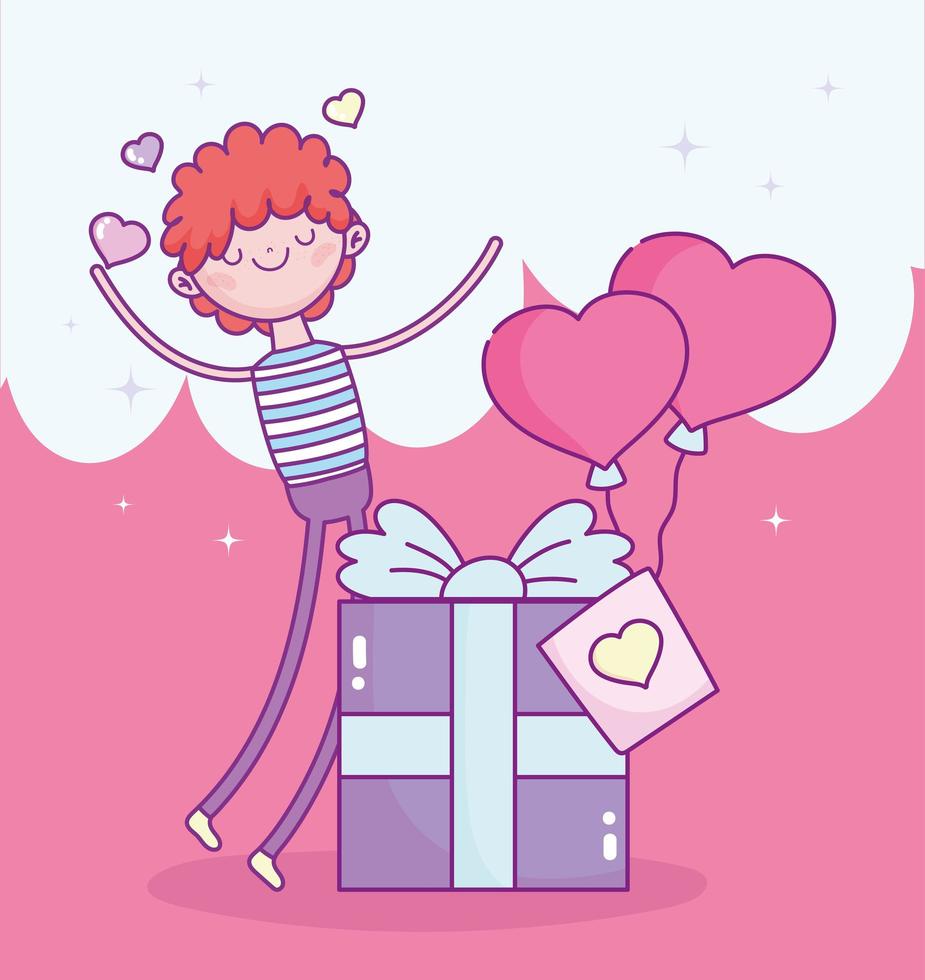 happy valentines day, boy with gift box and balloons shaped hearts love romantic vector