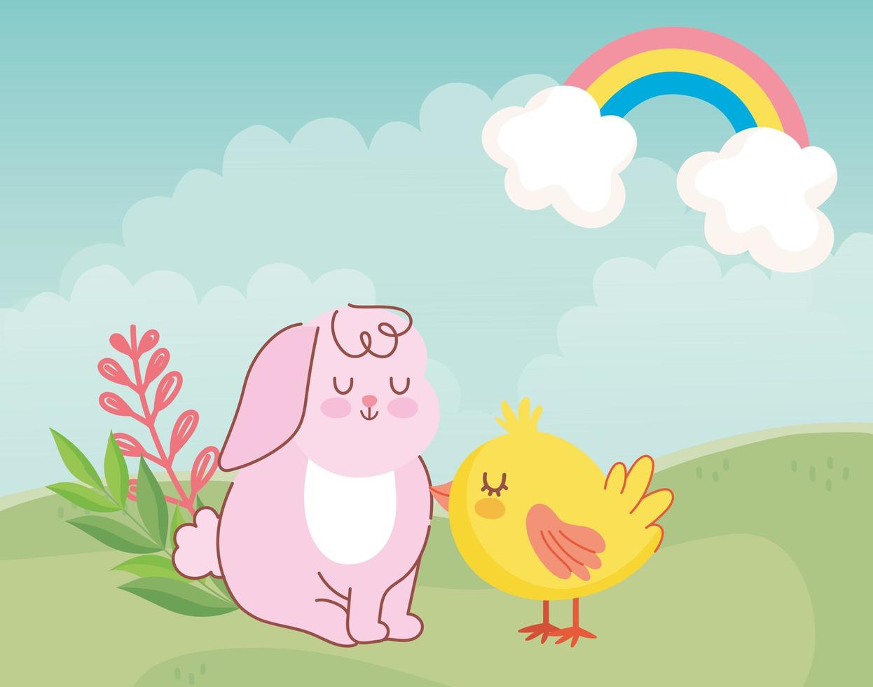 happy easter cute rabbit and chicken sitting in meadow vector