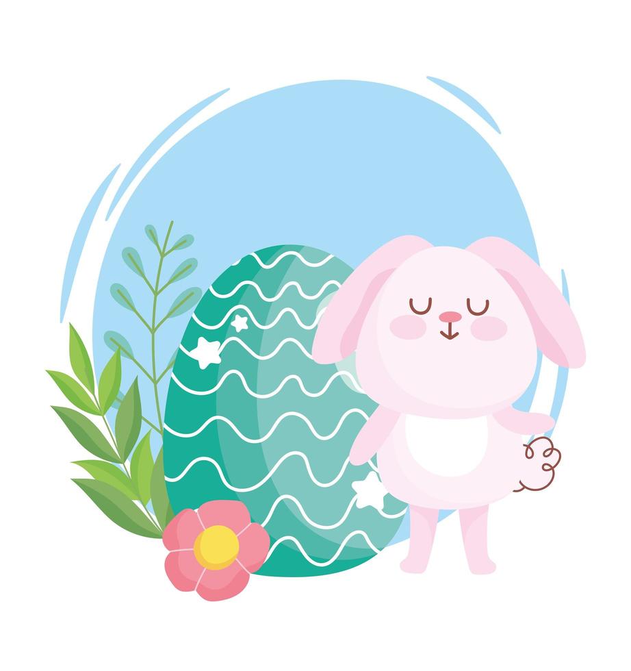feliz pascua lindo conejito con huevo verde flores decoración de dibujos animados vector