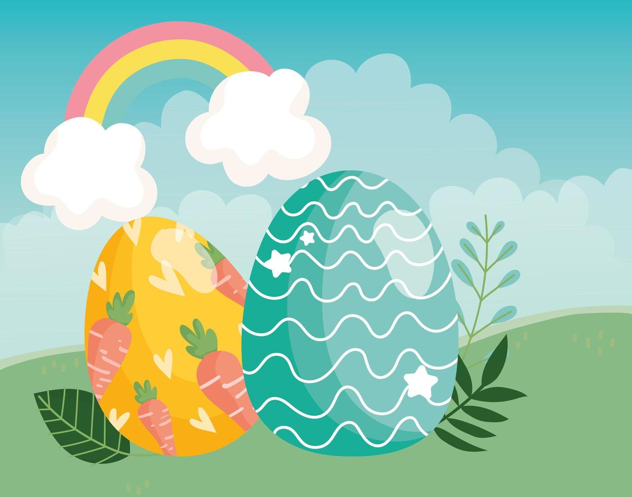 happy easter decorative eggs with carrots and lines in grass rainbow vector