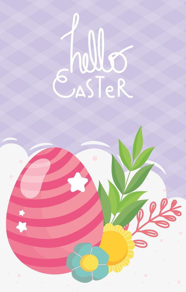 happy easter striped pink egg flowers foliage decoration vector