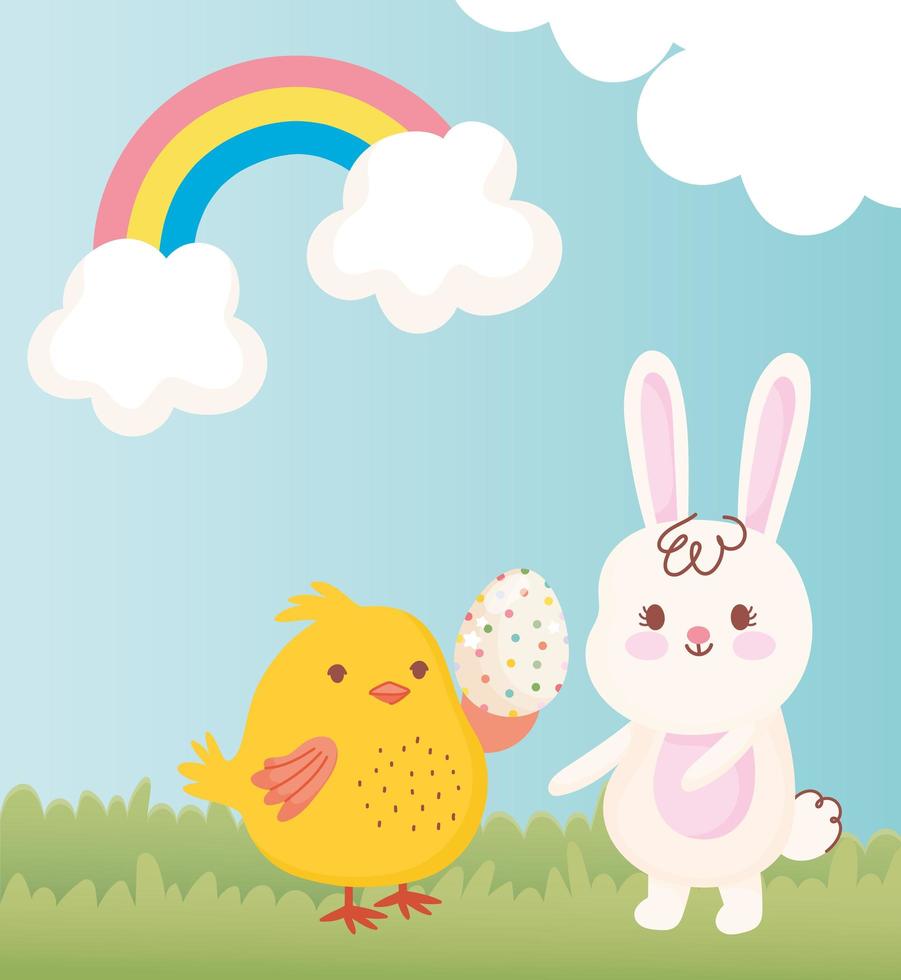 feliz pascua pollo con huevo y conejo hierba decoración de arco iris vector