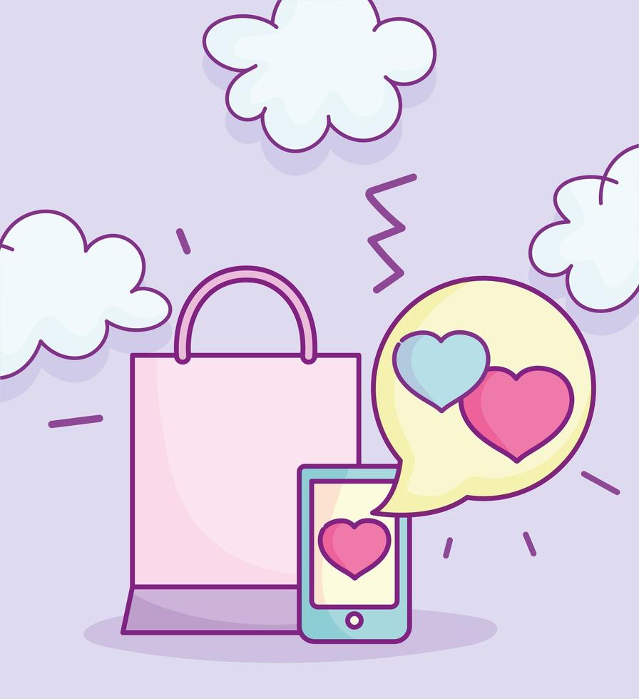 feliz día de san valentín, teléfono inteligente bolsa de compras con mensaje de amor vector