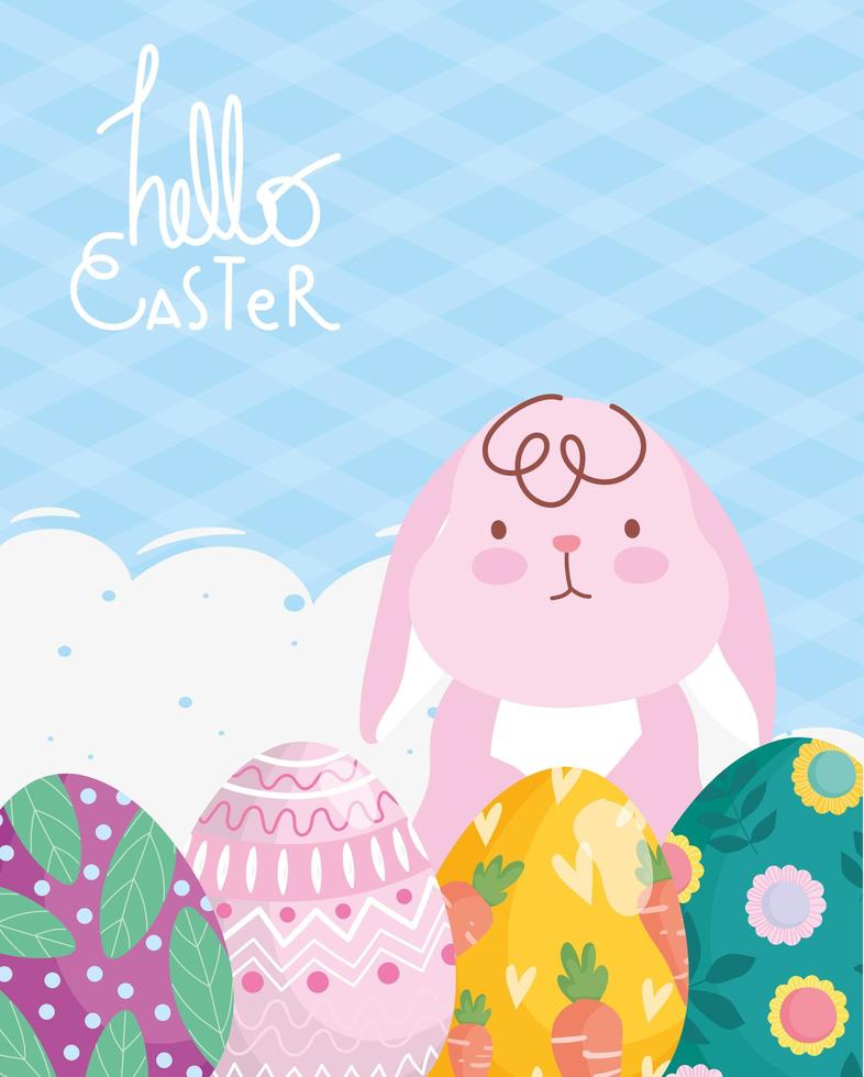 happy easter pink rabbit eggs greeting card decoration vector
