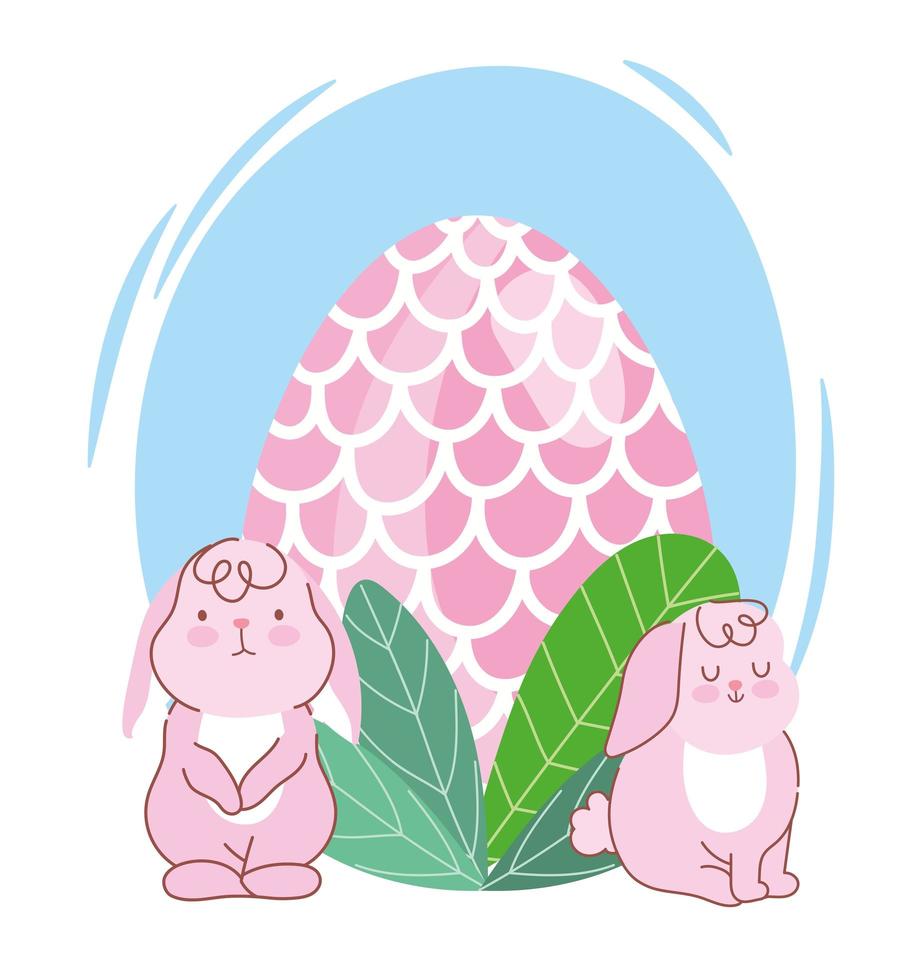 happy easter cute pink rabbits with egg foliage decoration vector