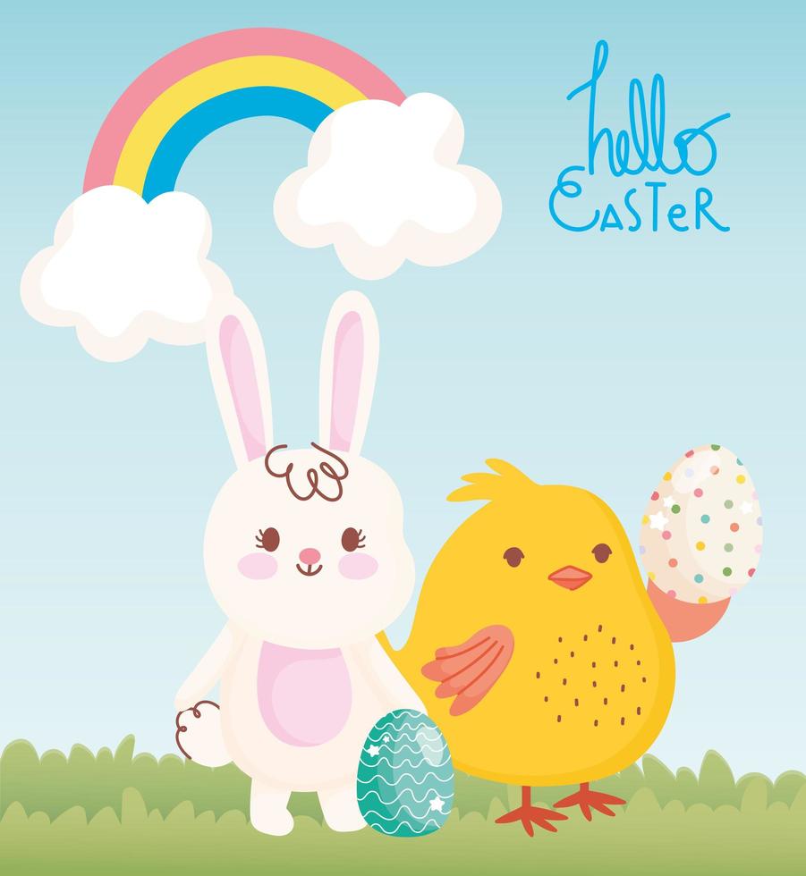 happy easter white bunny chicken with eggs rainbow clouds grass vector