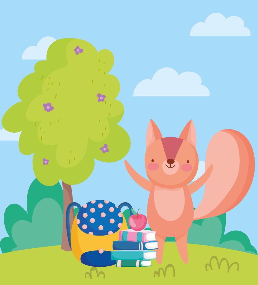 back to school, squirrel books backpack and apple vector