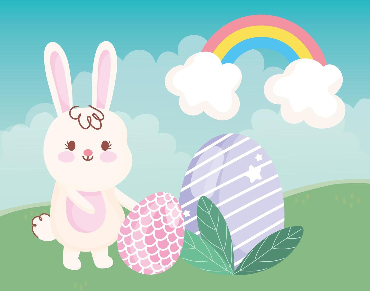 feliz día de pascua conejo con huevos hierba decoración de arco iris vector