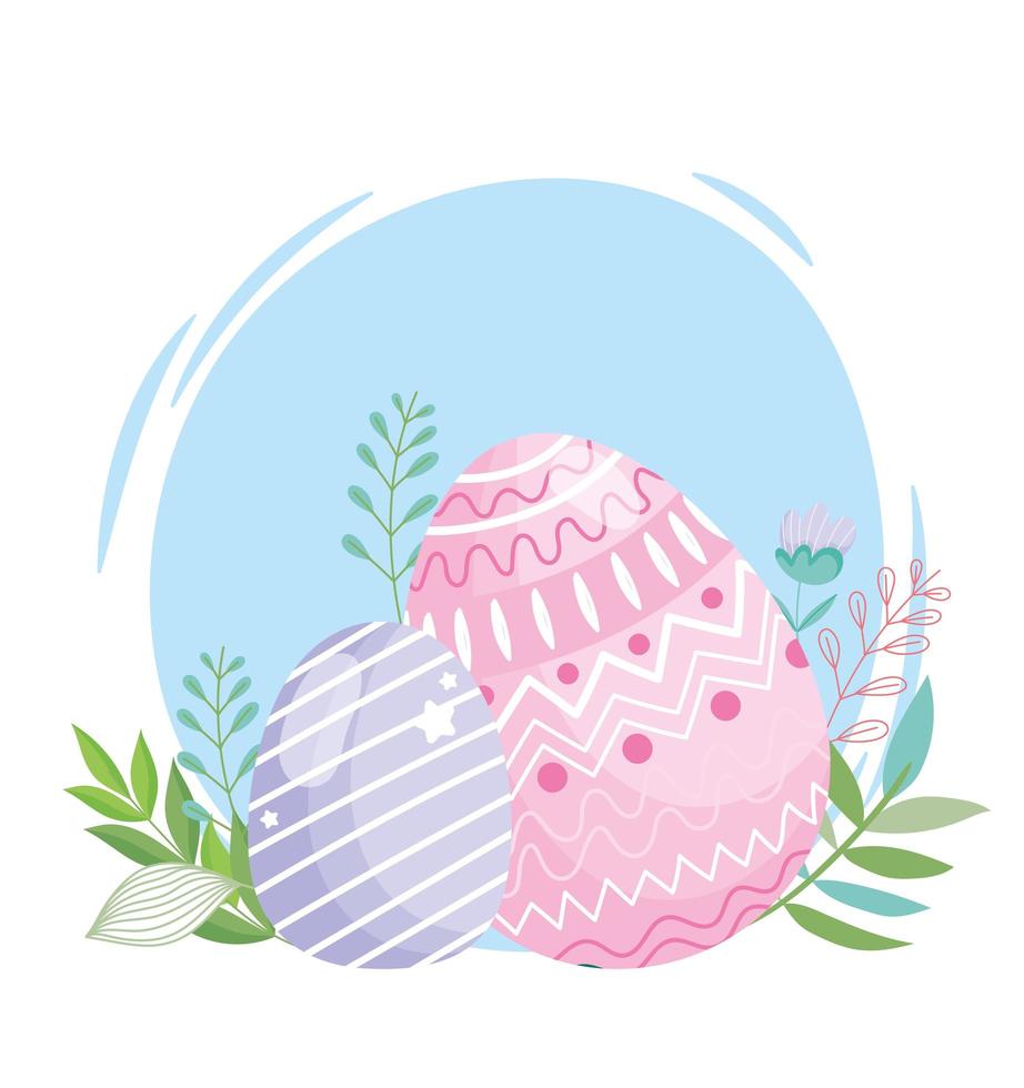 happy easter pink and purple eggs decoration foliage vector