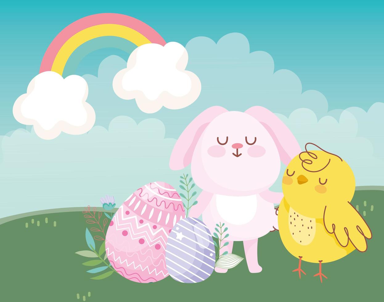 happy easter pink rabbit chicken eggs rainbow decoration vector