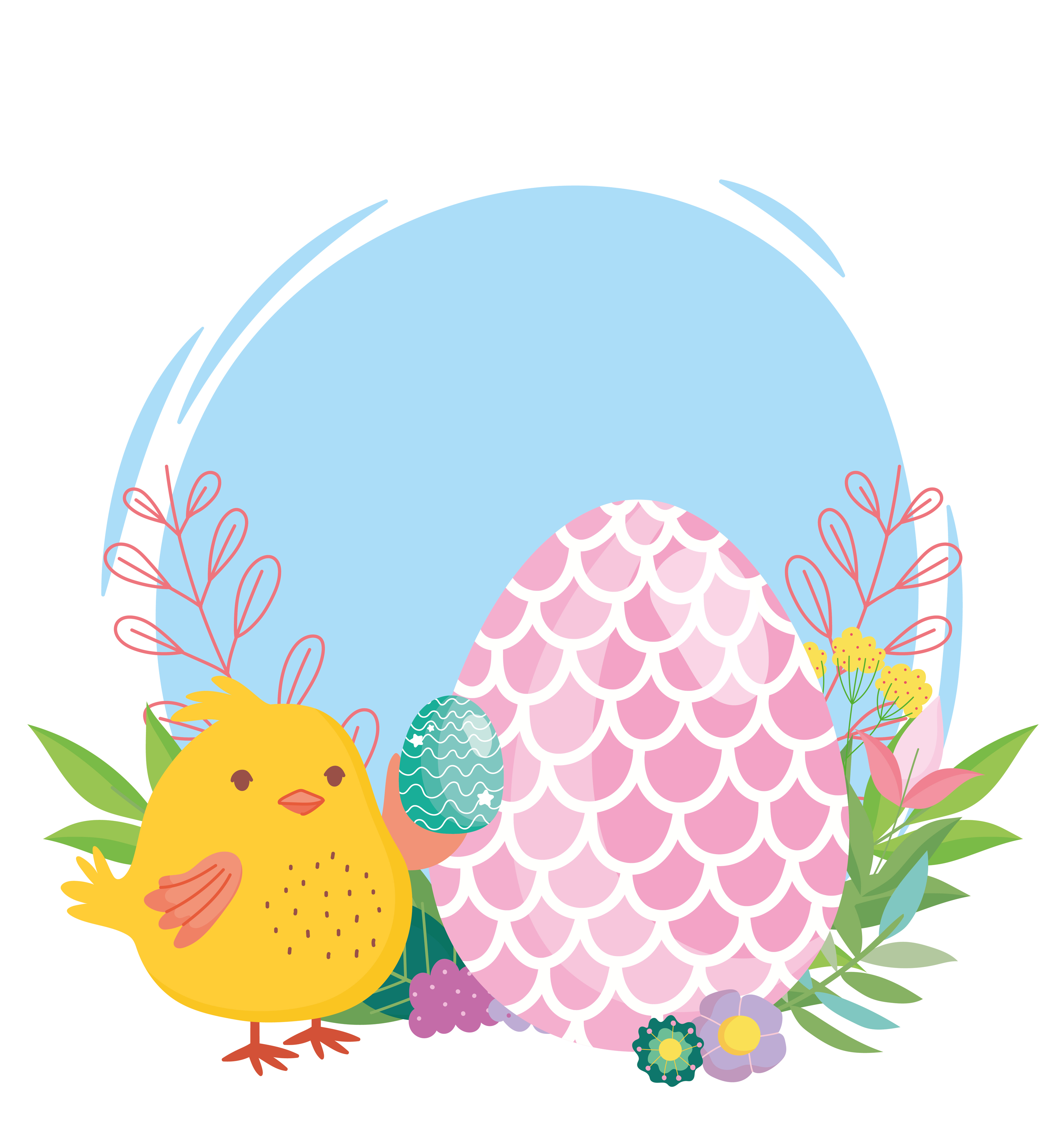 happy easter chicken and egg decorated with shape of fish flowers