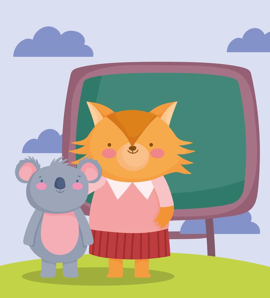 back to school, fox and koala chalkboard outdoor cartoon vector