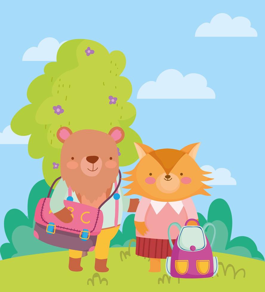 back to school, fox and bear with clothes and backpacks vector