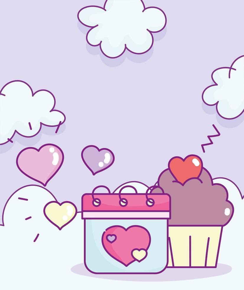 feliz día de san valentín, calendario y dulce cupcake corazones nube vector