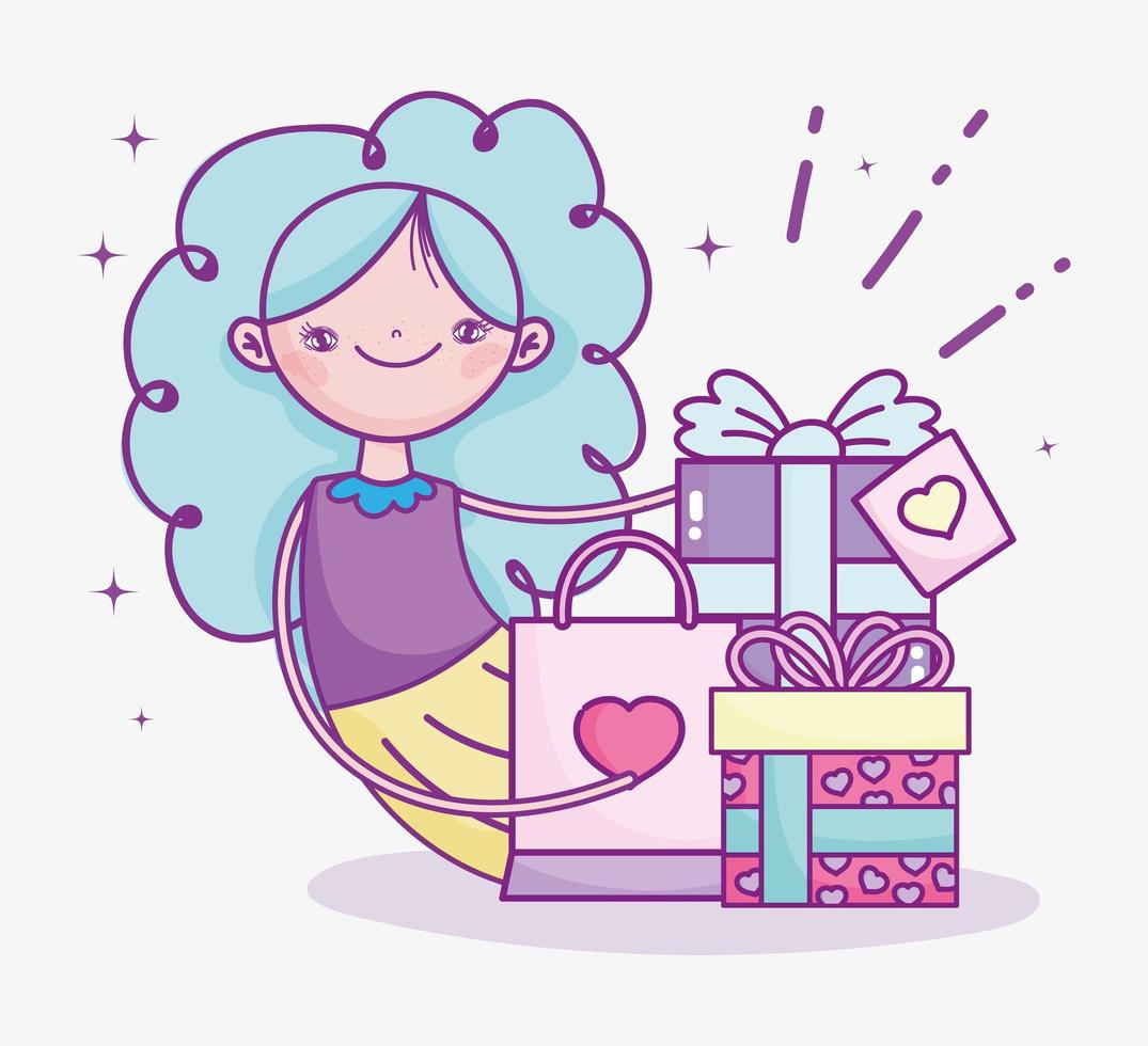 happy valentines day, girl with gifts and shopping bag celebration vector
