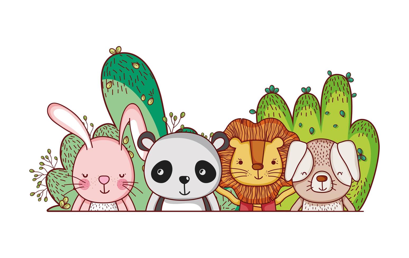 cute animals, little lion rabbit panda dog bushes cartoon vector