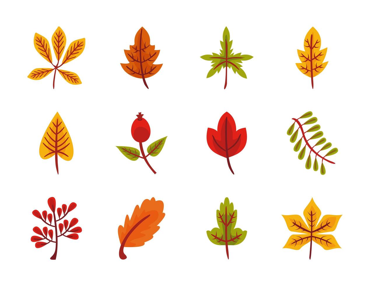 bundle of twelve autumn leaves flat style icons vector