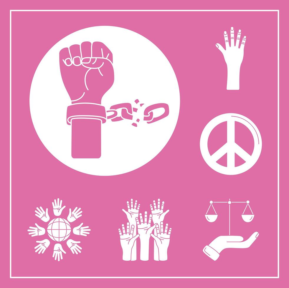 bundle of nine human rights silhouette style set icons vector