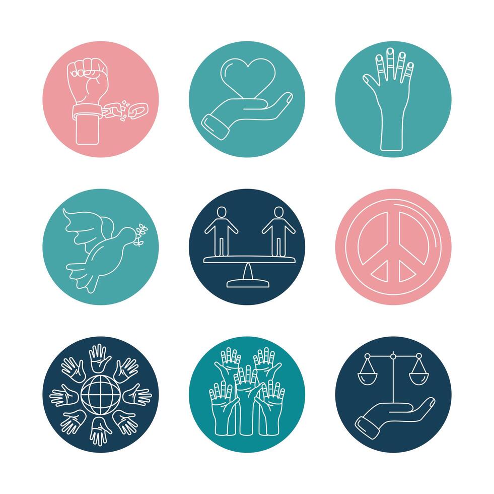 bundle of nine human rights line style set icons vector