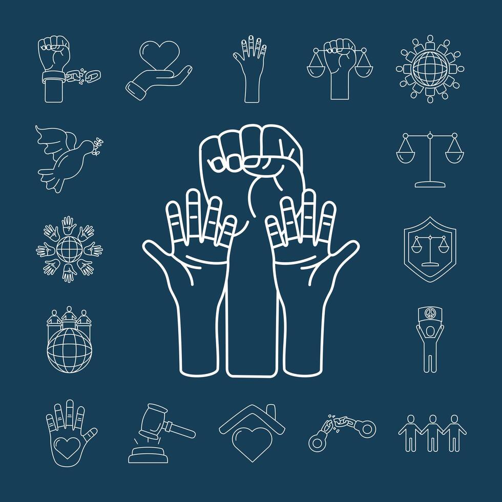 bundle of human rights line style set icons vector