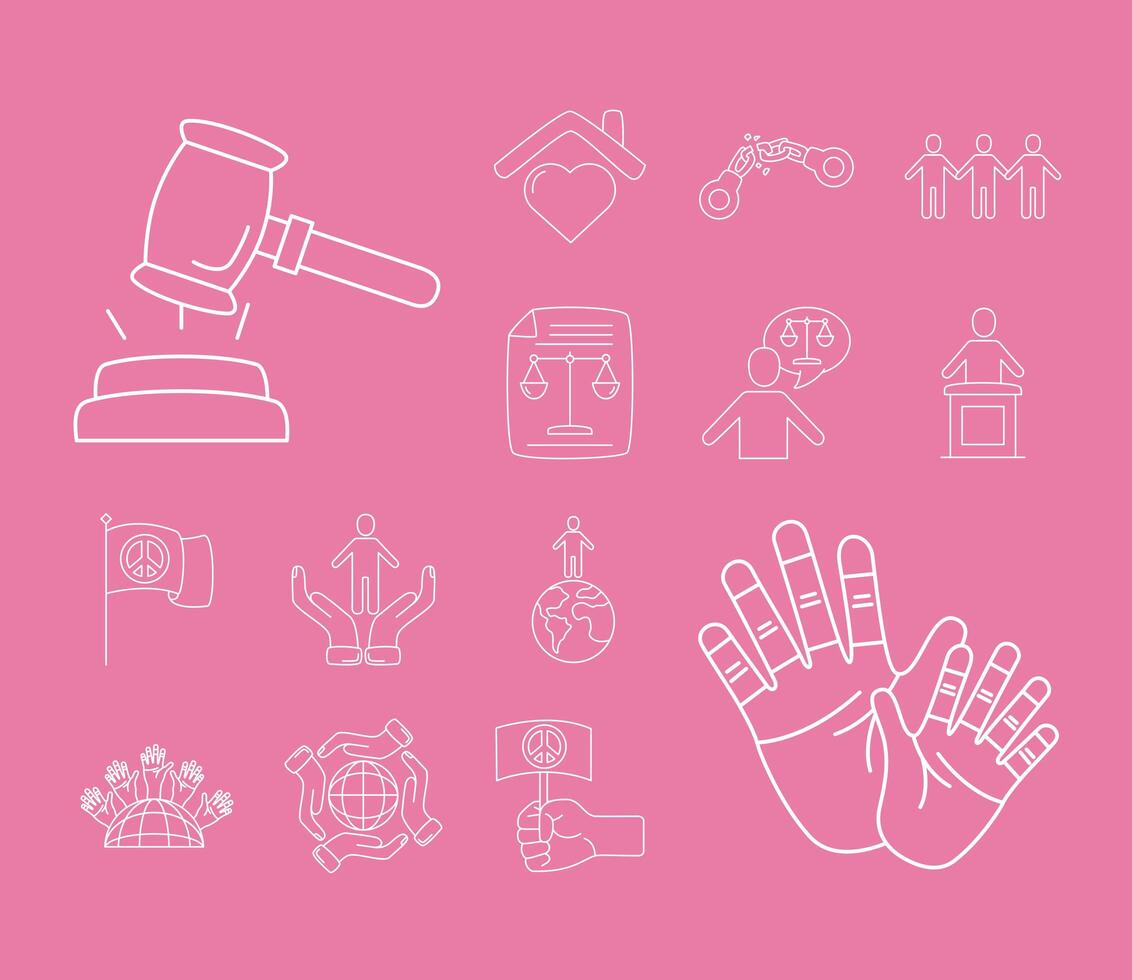 gavel judge and human rights line style set icons vector