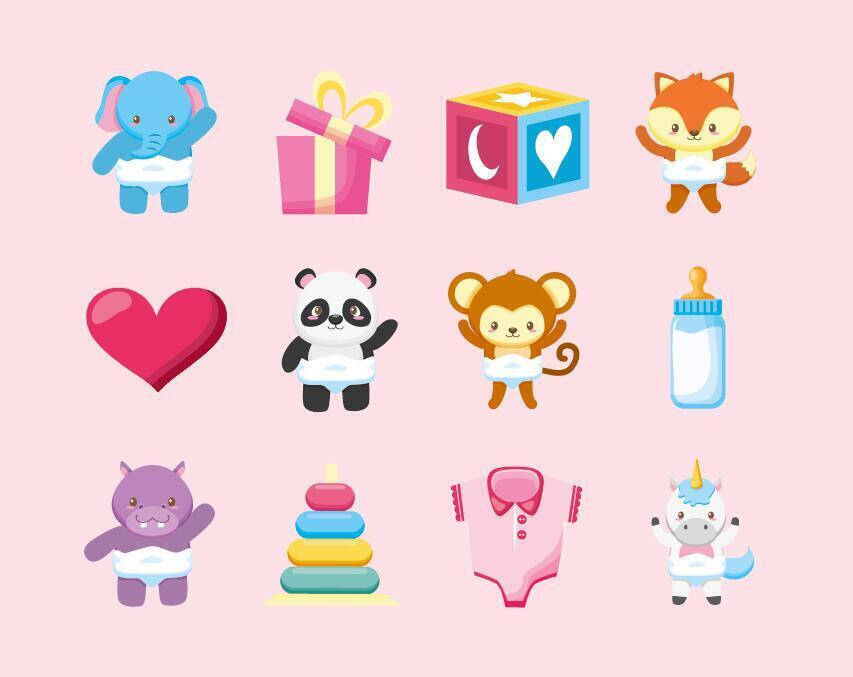 bundle of cute animals and baby toys vector