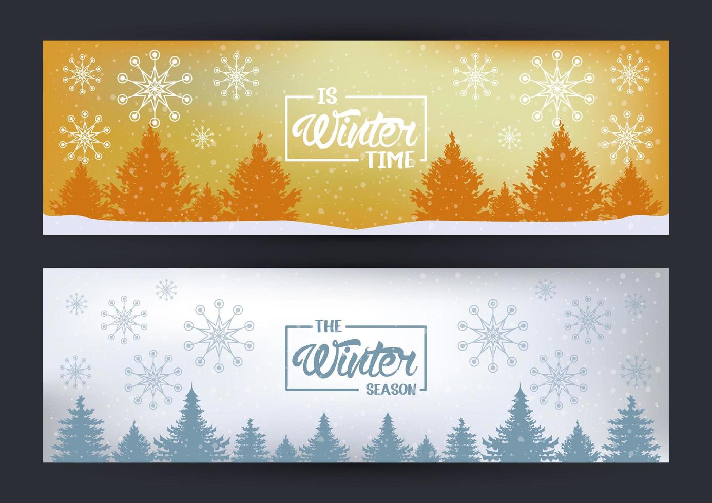 cartel de invierno con copos de nieve y escena del bosque vector