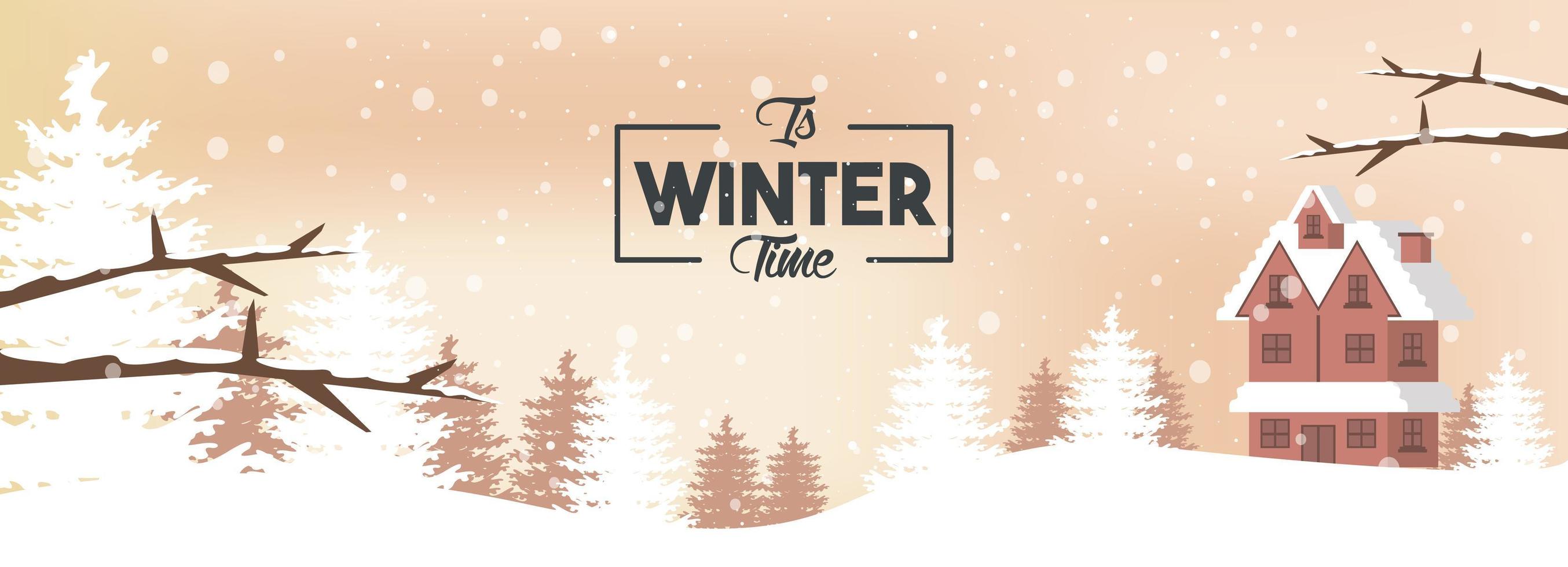 winter poster with forest scene and house building vector