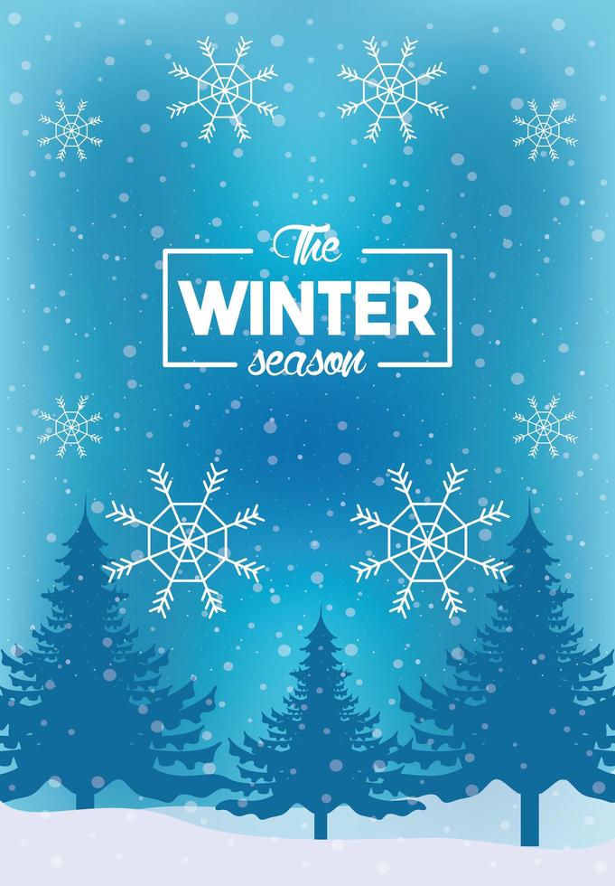 blue winter poster with snowflakes and forest scene vector