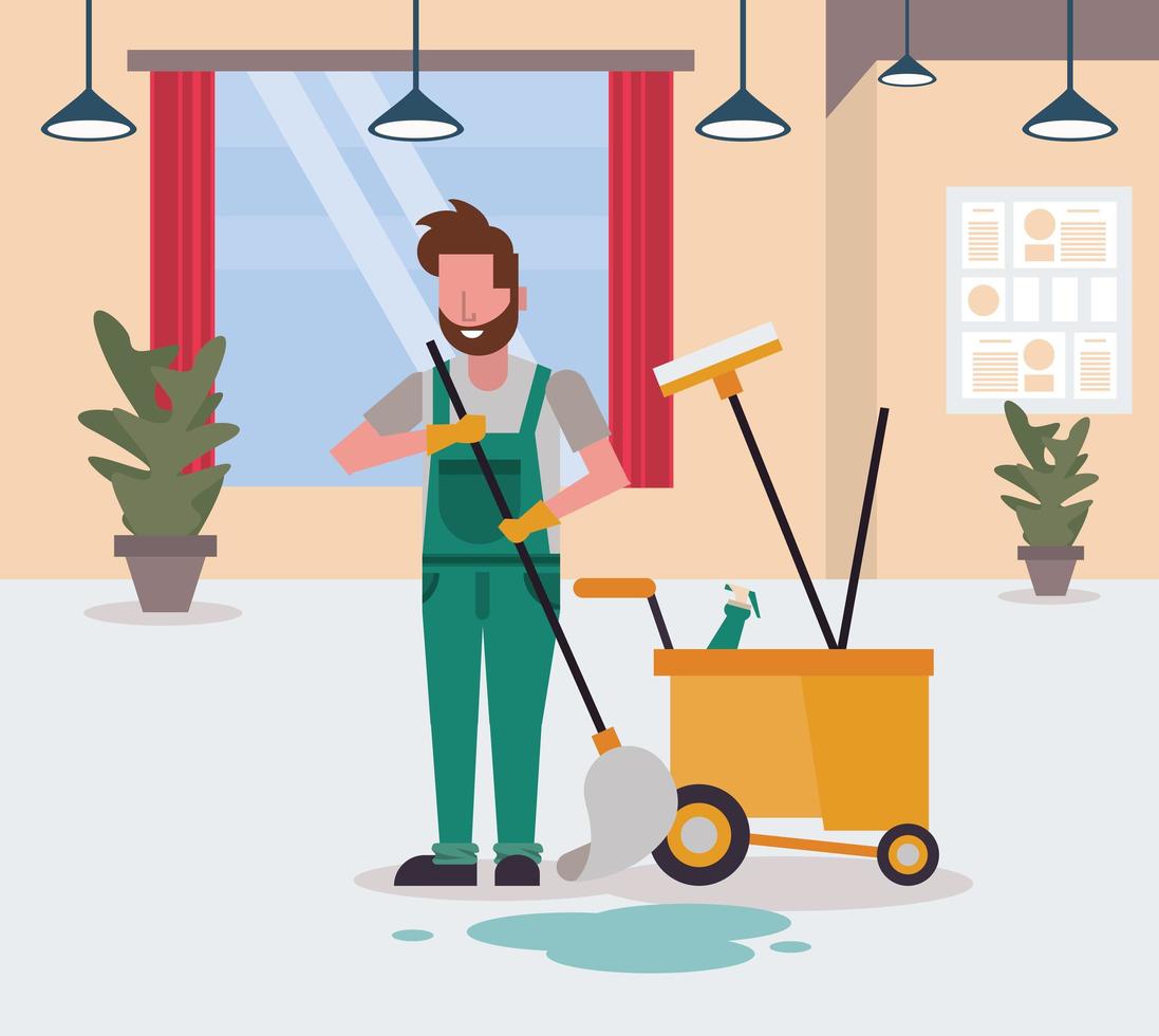 man worker in housekepping with mop vector