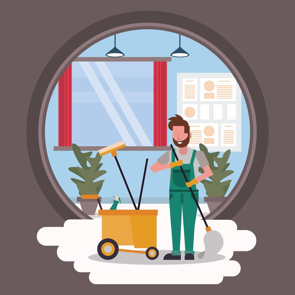 man worker in housekepping with mop vector