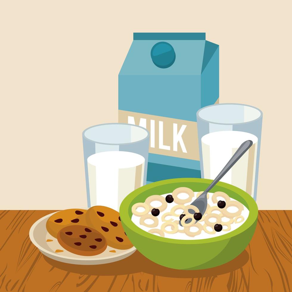 cereales con galletas y menú de desayuno con leche vector