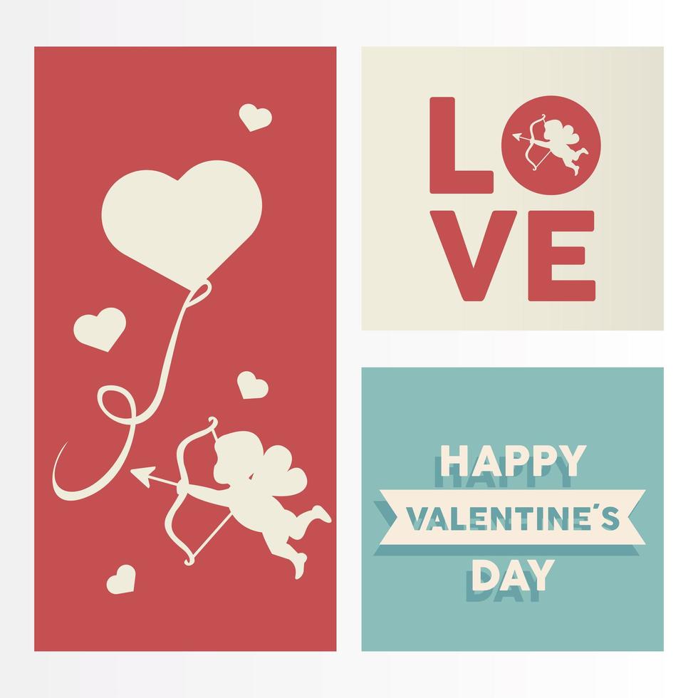 feliz día de san valentín tarjeta de letras con cupido ángel y corazón flotando vector