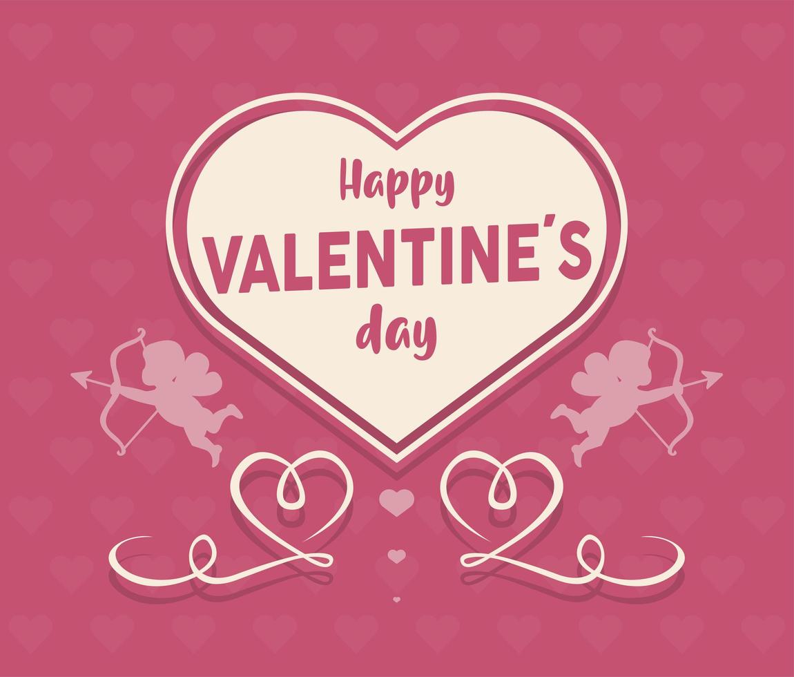 happy valentines day lettering card with heart and cupid angels vector