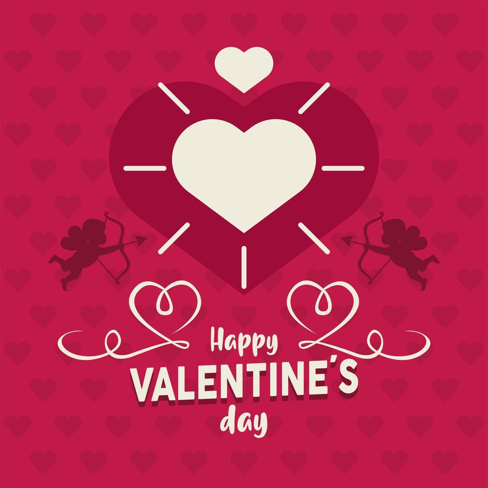 happy valentines day lettering card with cupid angels vector