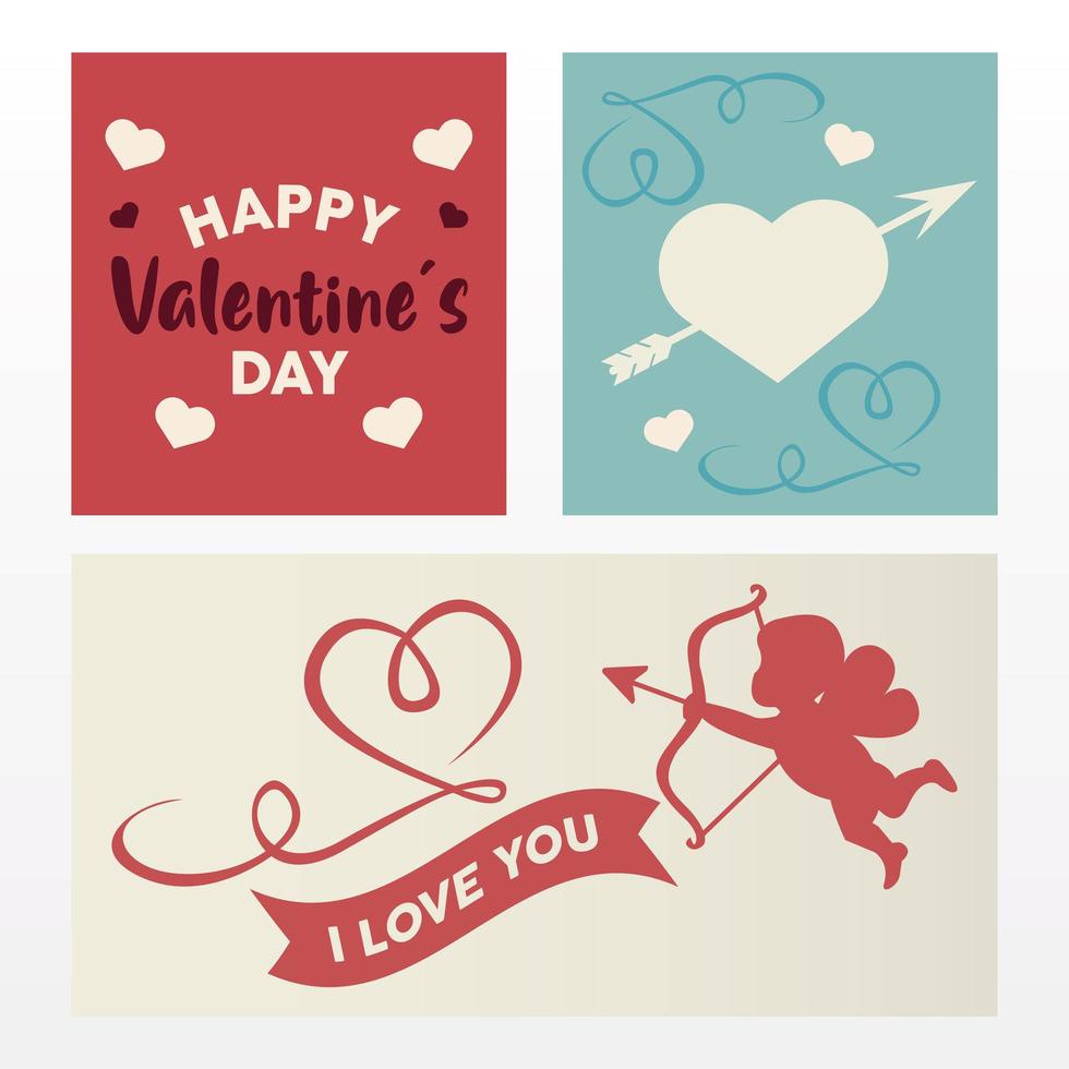 feliz día de san valentín tarjeta de letras con ángel y corazones vector