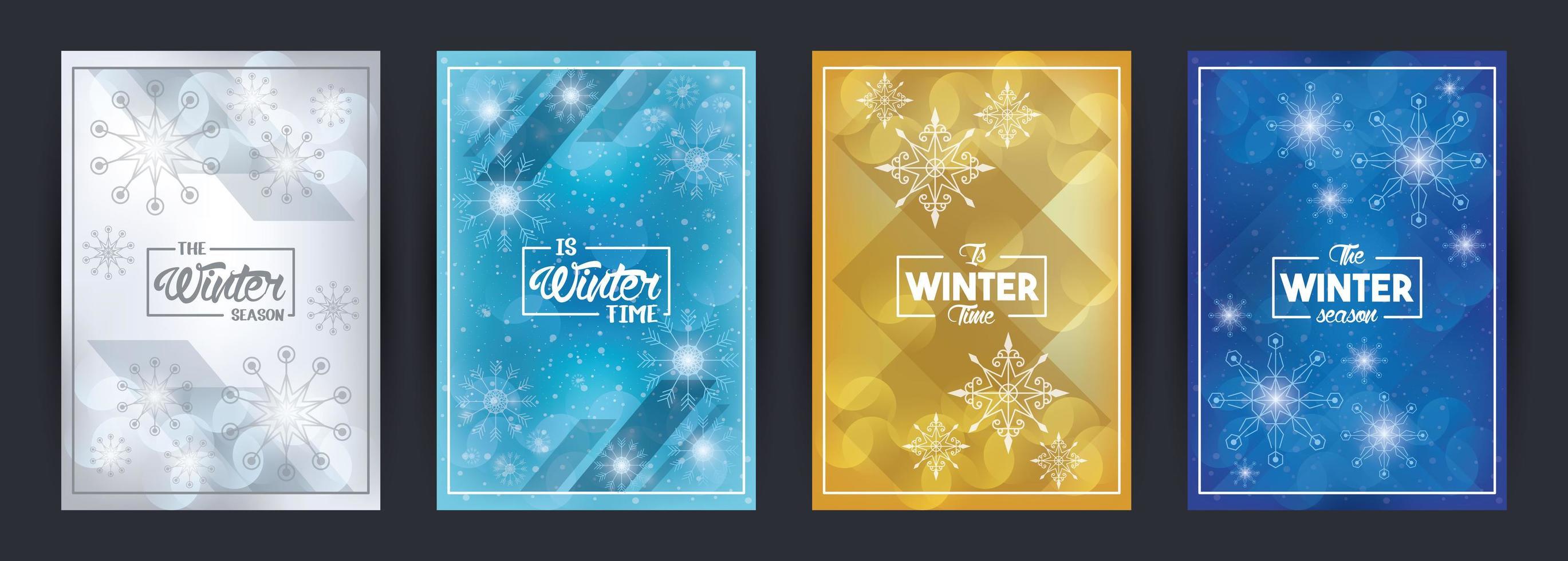 cartel de invierno con copos de nieve y escena del bosque vector