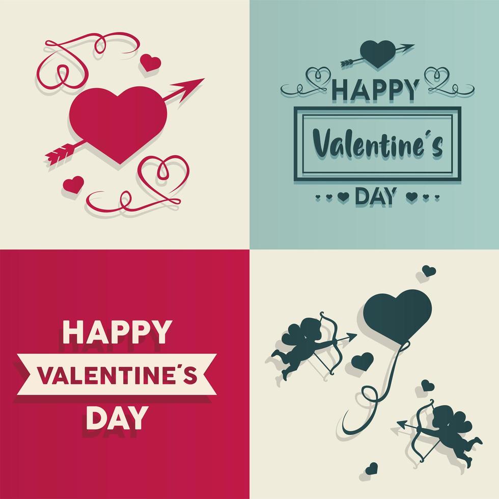 happy valentines day lettering card with set hearts and angels vector